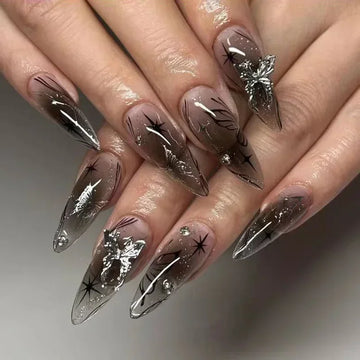 Long stiletto Ballet Fake Nail Tips with glitter gradient designs Wearable False Nails with glue almond Press on acrylic Nails